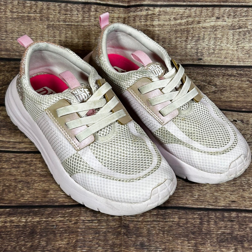 Hey Dude Sirocco Play Kids‎ Sneakers Pink White Glitter Rose Gold Size J5